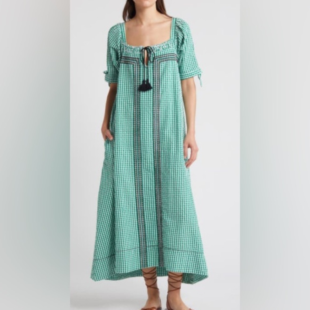 Free People Green Gingham Tassel Maxi Dress Size S Boho Prairie